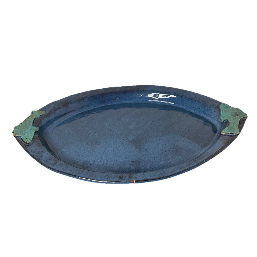 Studio Art Pottery Blue Fish Plate Flounder Dish Coastal Decor Entertaining-Read